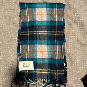 Barbour wool cashmere blue plaid fringe scarf